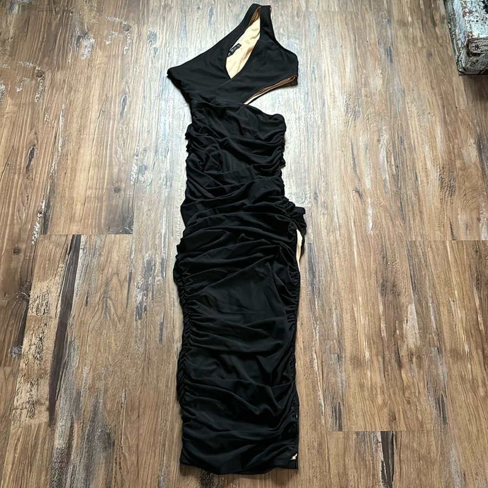 Mad For Love Black One Shoulder Cut Out Slit Ruched Dress